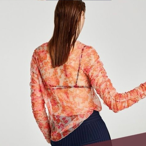 Zara Sheer Mesh Red Orange Pink Floral Long Sleeve Top Medium - Picture 2 of 9